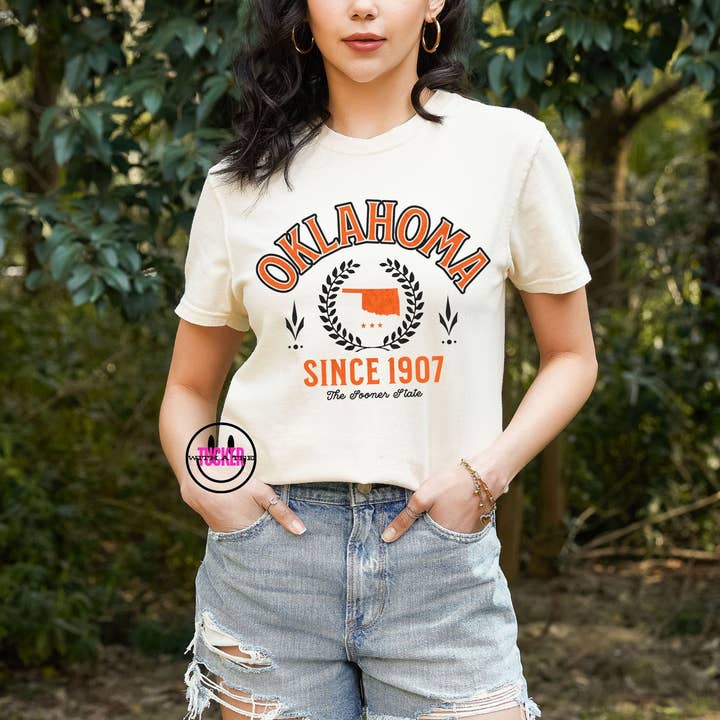 OKLAHOMA VINTAGE VARSITY TEE - COMFORT COLORS IVORY for wholesale by Tucker with a Tee