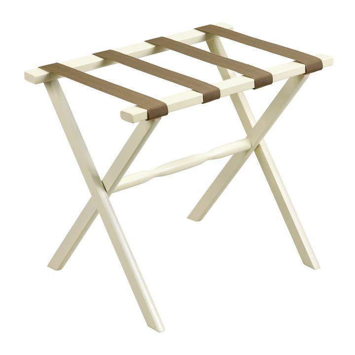 Hotel Ivory Finish Wood Folding Luggage Rack with Tan Straps for wholesale by HomeRoots