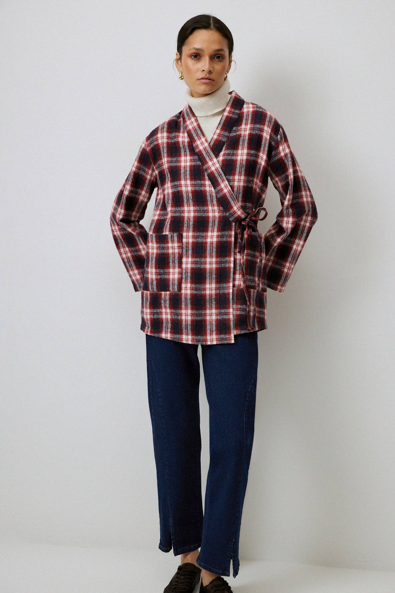 Red Plaid Cotton Blend Wrap Kimono Jacket with Tie Detail for wholesale on Faire4