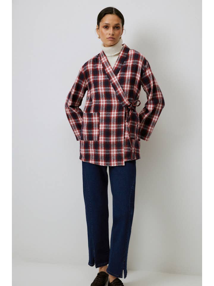 Red Plaid Cotton Blend Wrap Kimono Jacket with Tie Detail for wholesale on Faire4