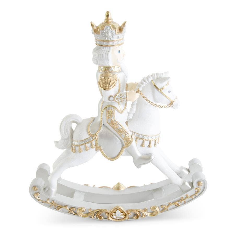 RC Home Decor – wholesale Christmas decoration – 20" White, Gold & Silver Glittered Nutcracker on Rocking Horse – Elegant Christmas Décor0