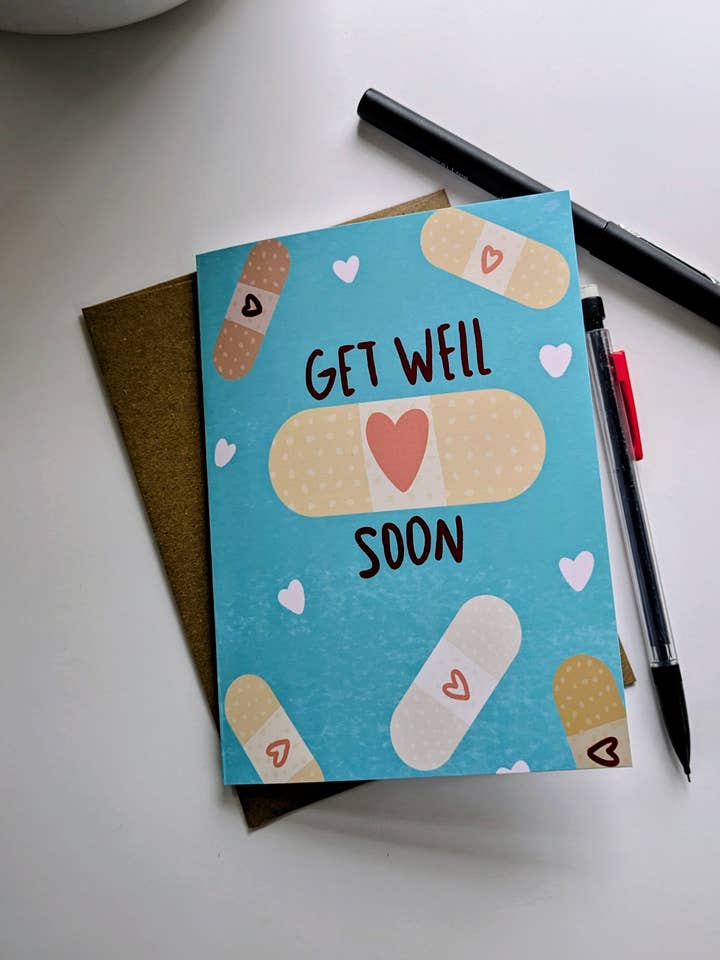 Get Well Soon Bandaid Card for wholesale by Jacquelyn Turner Art