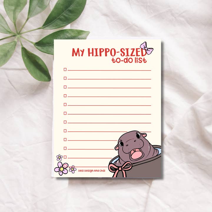 Hippo sized to do list - Moo Deng notepad - 25 sheets for wholesale by Desi design and chai