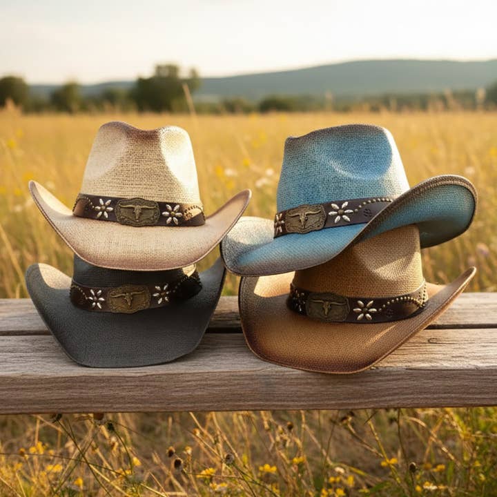 DISTRESSED STRAW COWBOY HAT WITH METAL BULL BUCKLE, MH 0332 for wholesale by JOIA ACCESSORIES