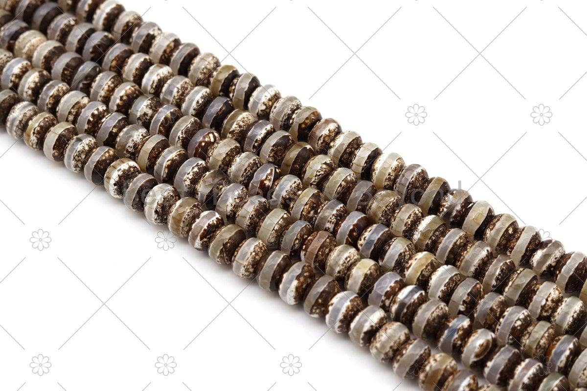 BestBeads&Beyond - Wholesale Beads - Quality DZI Brown Cream White Agate Beads, Rondelle with One line Tibetan Agate Beads, 8x12mm/12x16mm Agate,15'' Full Strand, SKU#U11811