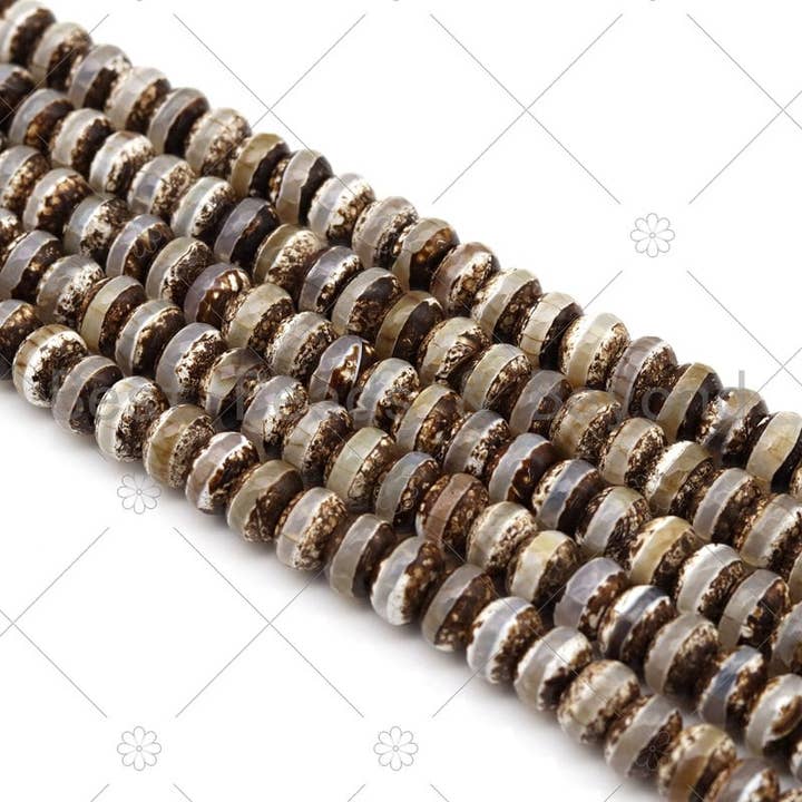 BestBeads&Beyond - Wholesale Beads - Quality DZI Brown Cream White Agate Beads, Rondelle with One line Tibetan Agate Beads, 8x12mm/12x16mm Agate,15'' Full Strand, SKU#U11811
