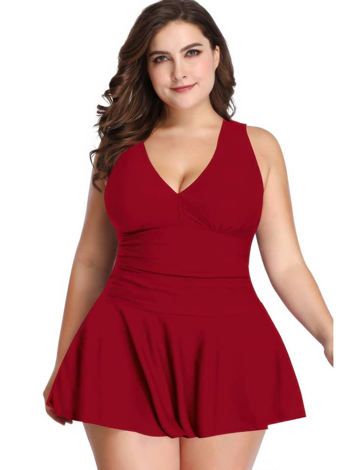 CC Wholesale Clothing - Wholesale One Piece Swimsuit - Women's - Plus Size Solid Ruffle V Neck Fit Swimsuits12