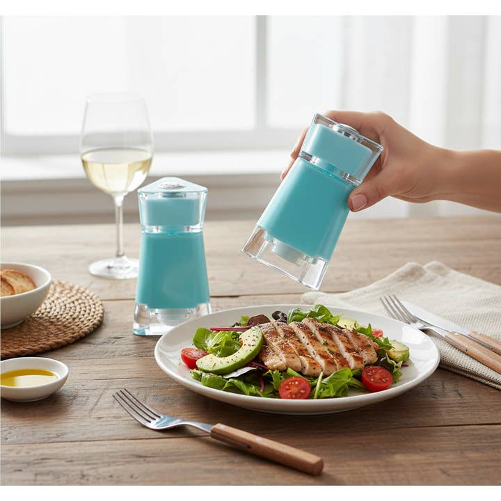Kadra Kitchenware - Wholesale Salt & Pepper Shaker Set - Mitbak - Acrylic, Salt And Pepper Shakers, Turquoise, 2 Pk1