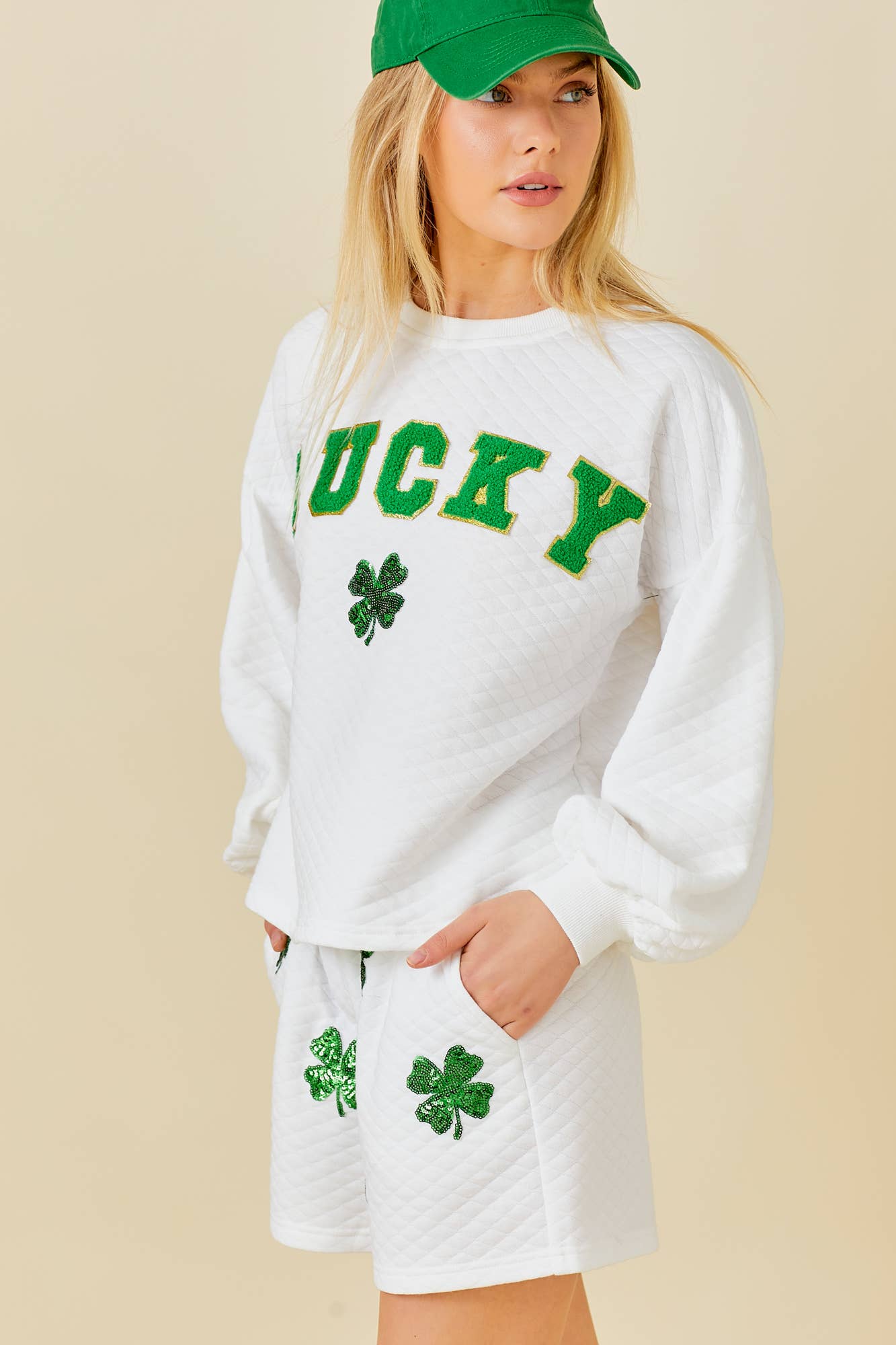 WHITE CLOVER SEQUIN PATCH QUILTED SHORTS for wholesale on Faire9