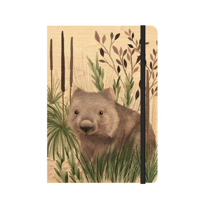 Carnet à couverture en bois B6 (ligné) - Wombat Wandering pour la vente par Greenigo