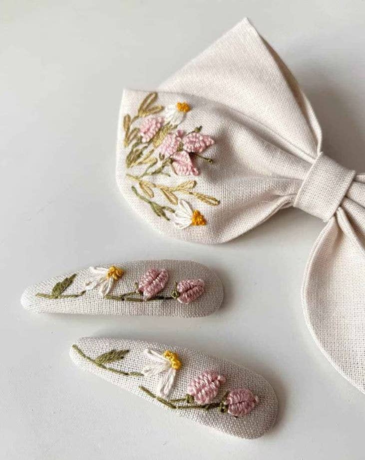 EmbroideryNTA - Wholesale Hair Bow - Kids - Linen Hair Bow Hair Clip For Girls, Linen Bow Embroidery1