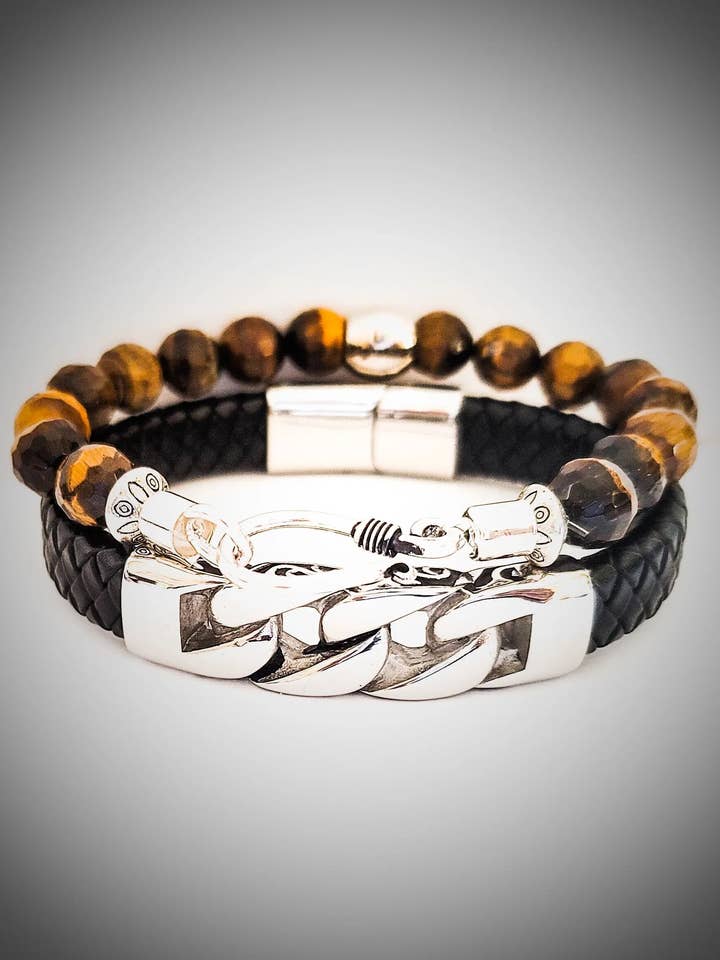 Mäns Tiger Eye och Läderarmband Se för wholesale av L. Styles, LLC