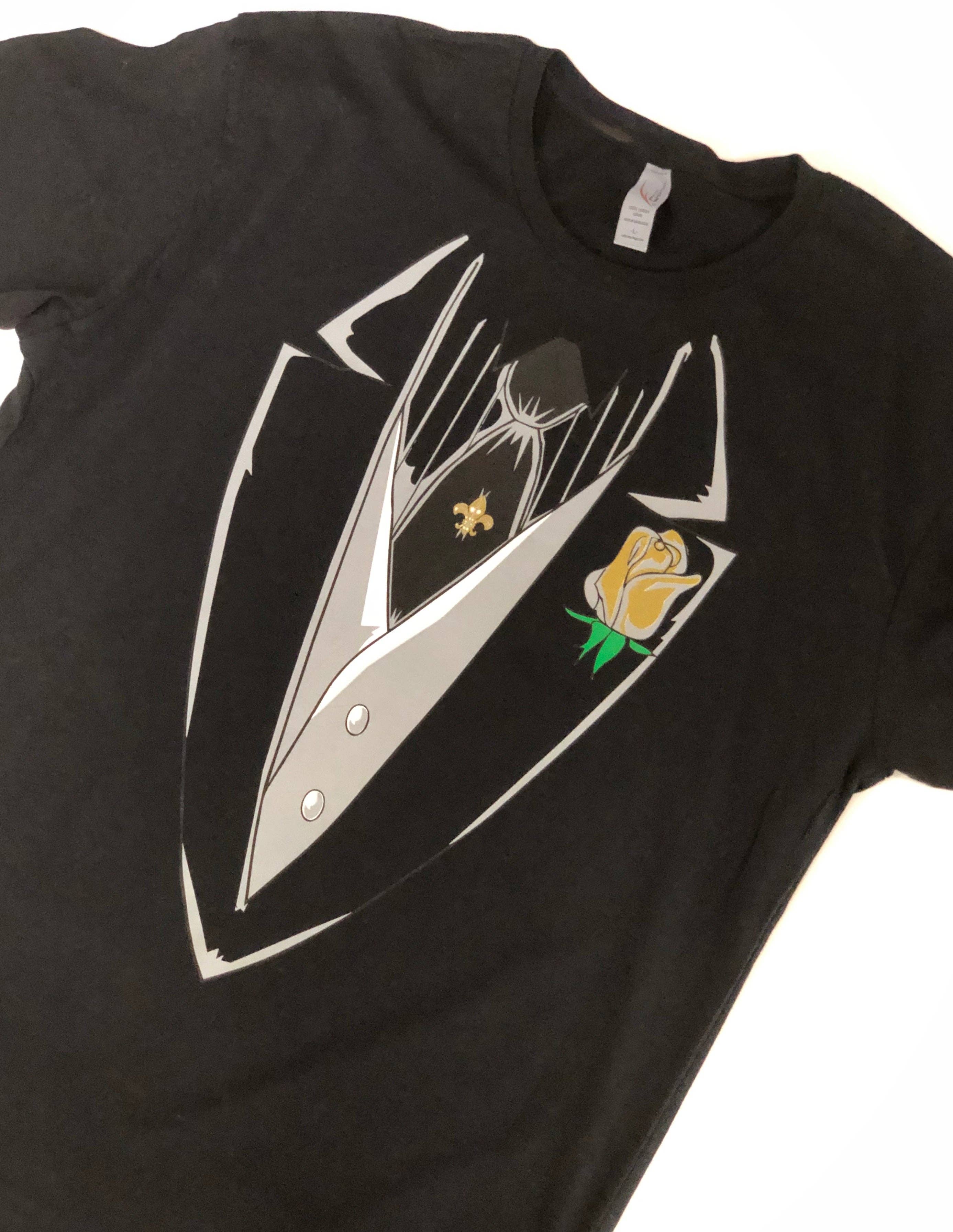 Mardi Gras Creations – wholesale Screen printed t-shirt – unisex – Black & Gold Tuxedo T-Shirt1