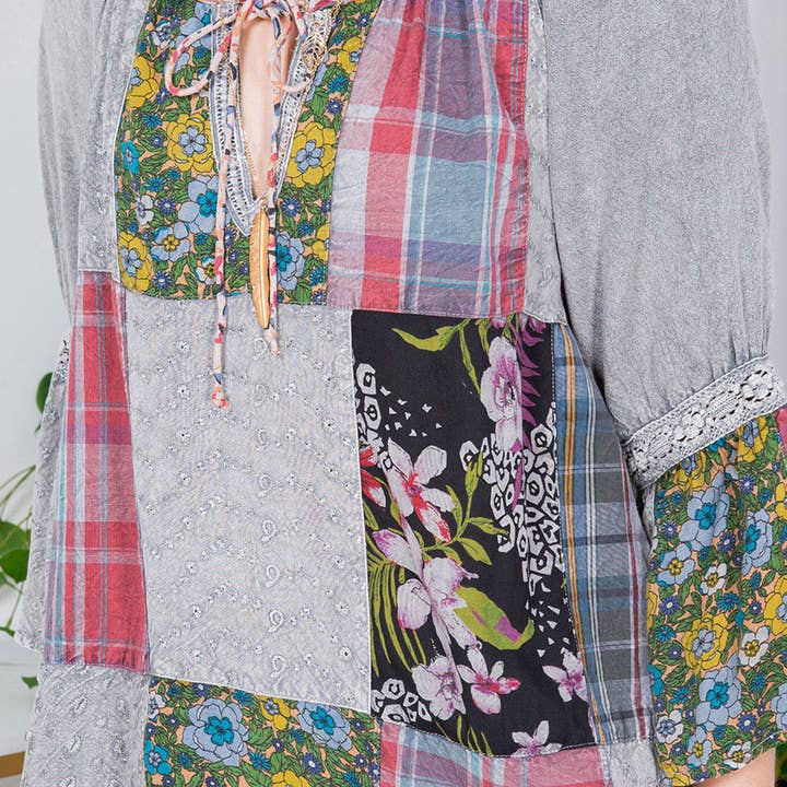 Young Threads - Wholesale Tunic - Women's - Peasant Top with Print Checks Patchwork (New Color)12