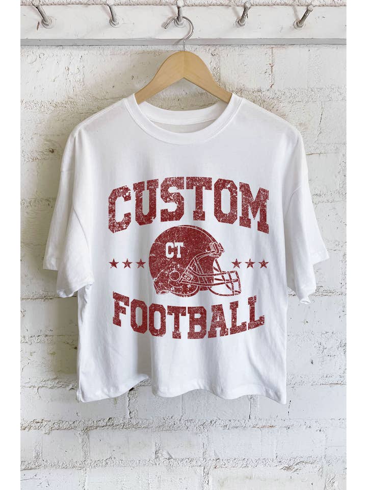Rustee Clothing - Wholesale Screen printed t-shirt – Women′s - CUSTOM STATE CITY FOOTBALL GRAPHIC LONG CROP TOP 6