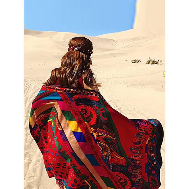 Red Buykud Seaside Vacation Printed Tassel Sunscreen Scarf for wholesale on Faire