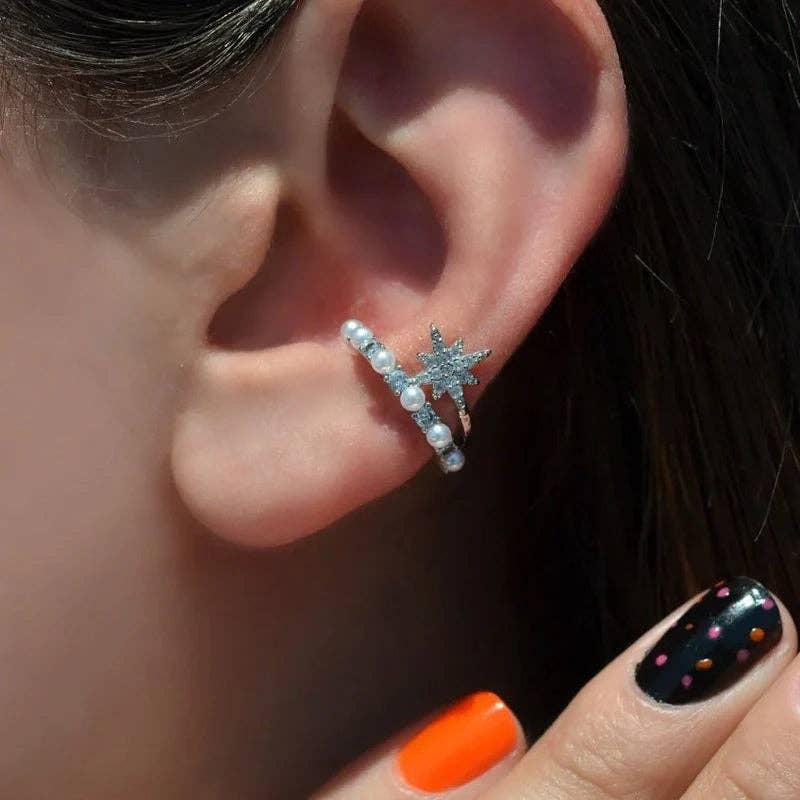 StockJWL – wholesale Cuff/wrap earrings – Mini Pearl Ear Cuff Compression Cartilage Earrings with Polar Star Detail9