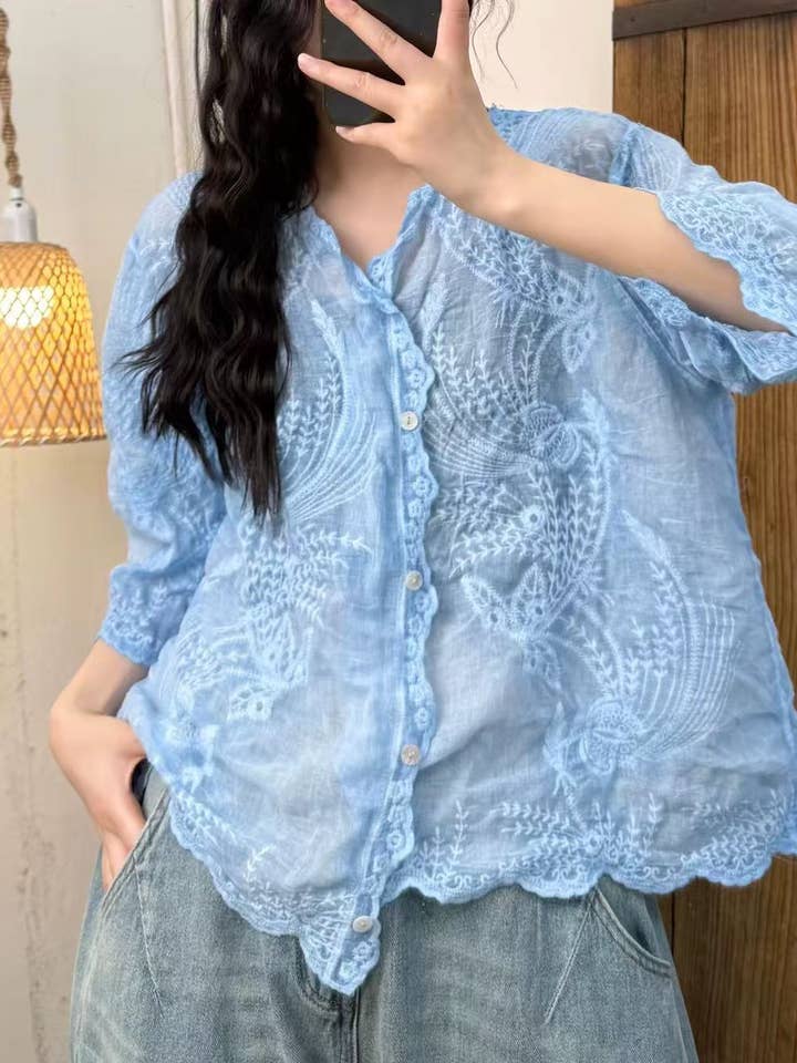 Camisa de Algodão Bordada com Botões por atacado de Hope & Sunshine