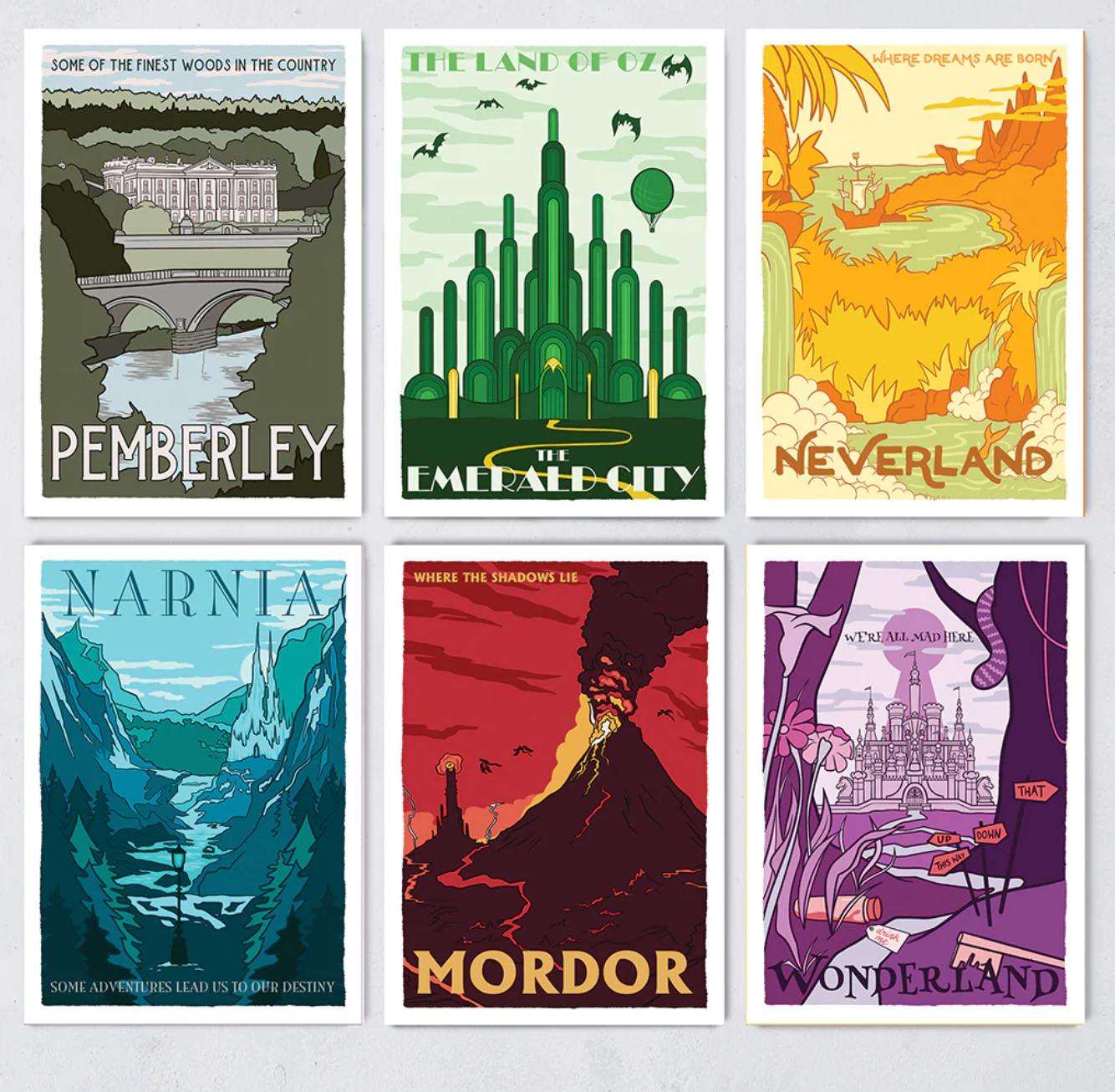 Bookishly (US Duties Paid) - Vente Poster - Lot de 12 affiches de voyages fictifs - variété de 2 exemplaires par design0