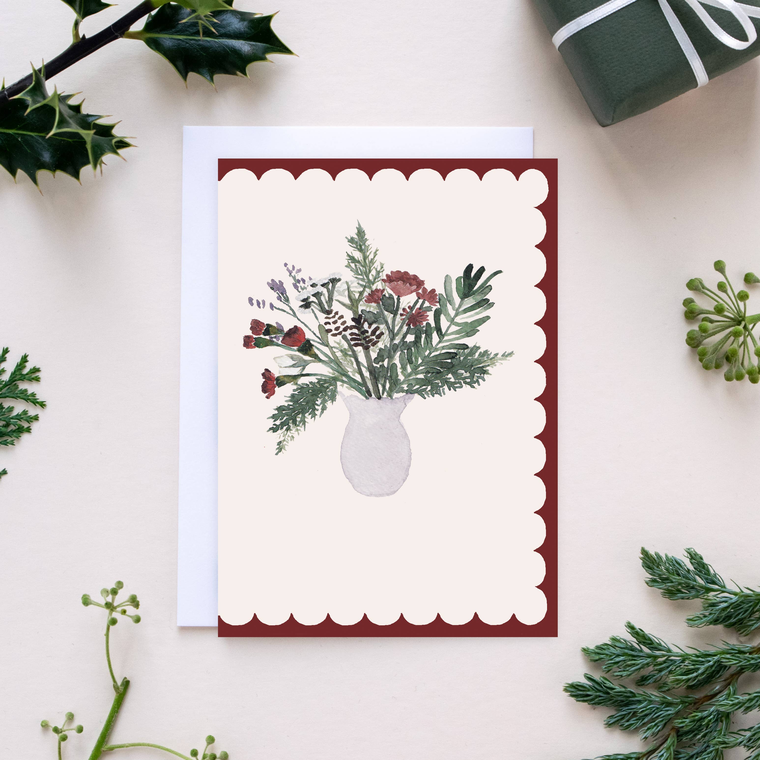 The Hidden Pearl Studio – wholesale Christmas card – 'Christmas Bouquet' Scallop Edge Christmas Card 2