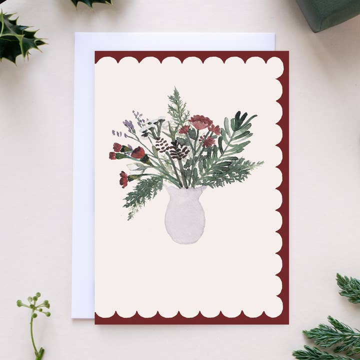 The Hidden Pearl Studio – wholesale Christmas card – 'Christmas Bouquet' Scallop Edge Christmas Card 2
