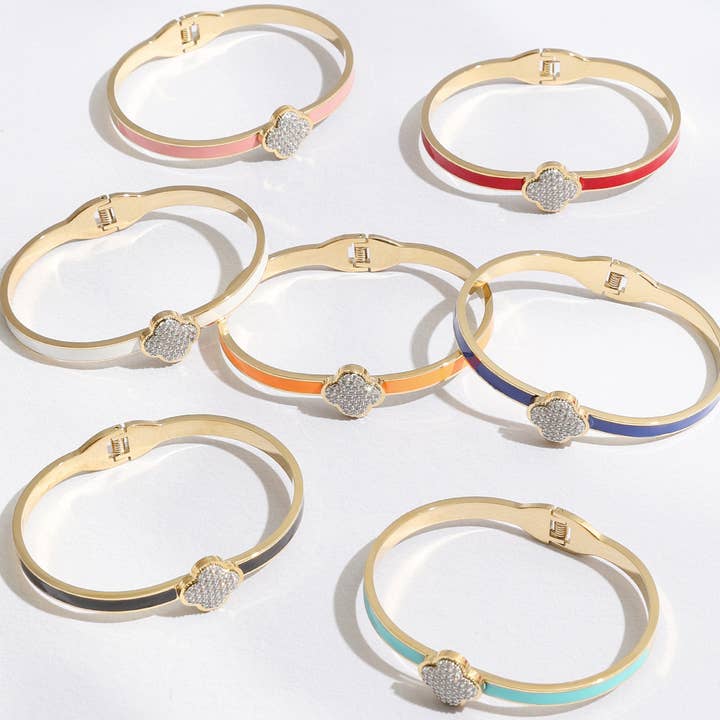 Fashion City - Wholesale Cuff Bracelet - CZ Pave Clover Colored Bangle Cuff Bracelet12