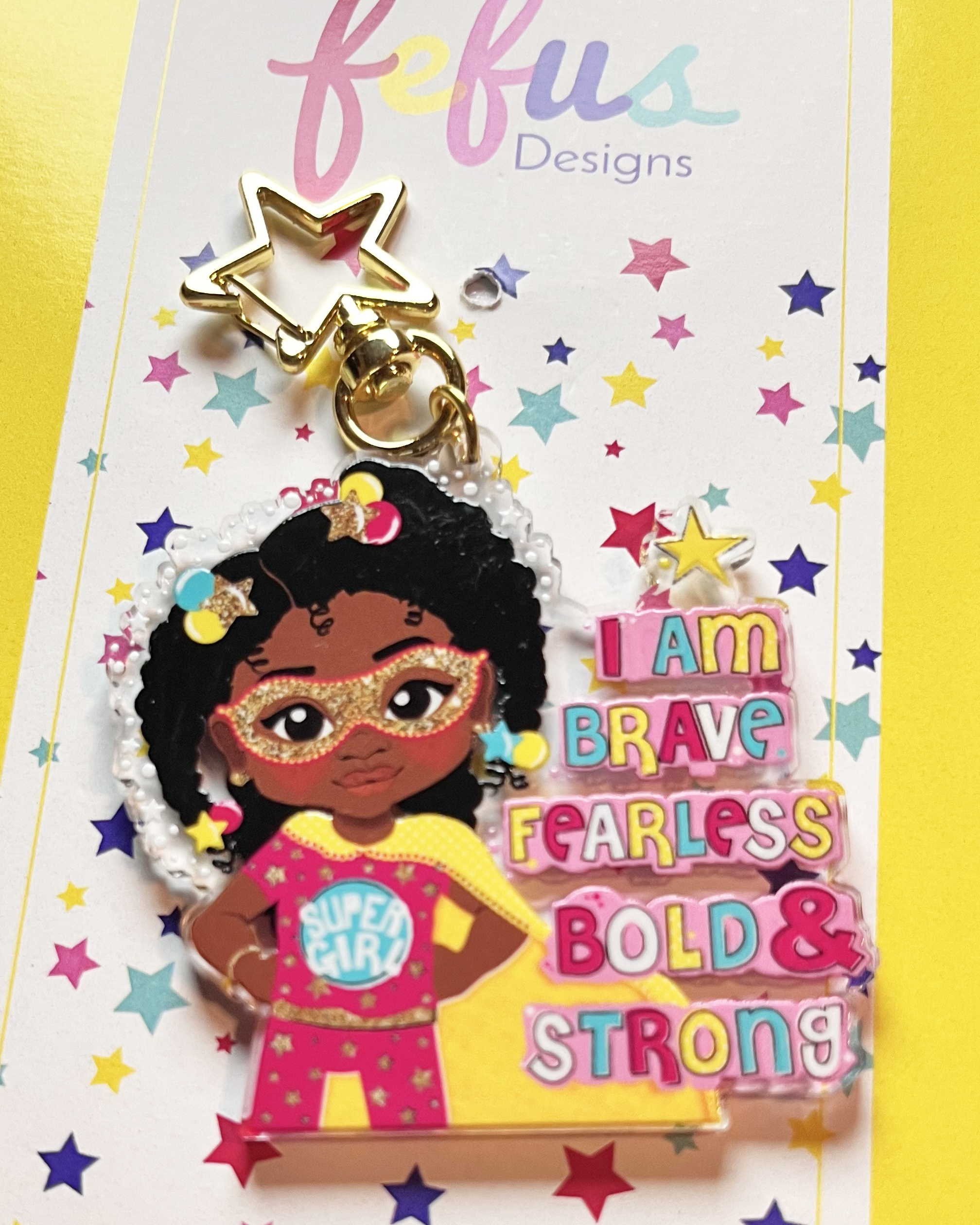 Fefus Designs - Wholesale Keychain - Kids - Black Girl Superhero Keyring – Empowering Recycled Acrylic Bag Charm for Kids | Afro Girl Keychain by Fefus Designs1