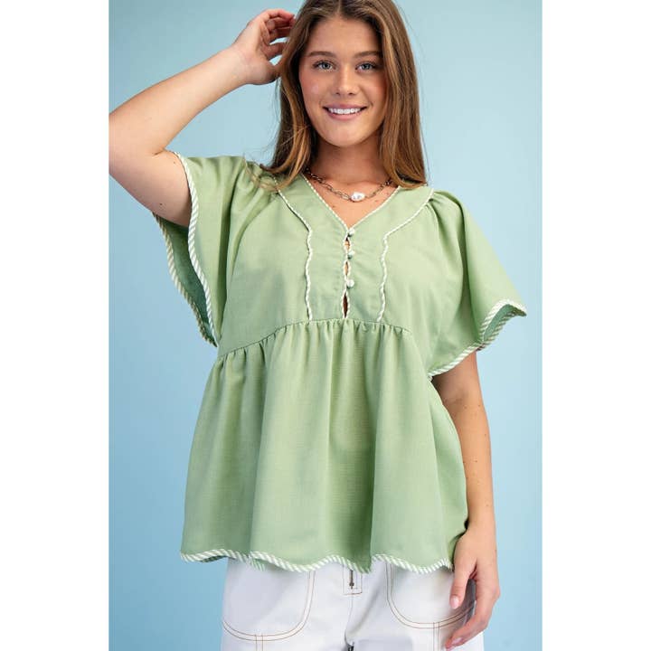 Linen V Neck Scalloped Short Sleeves Top for wholesale by BNS