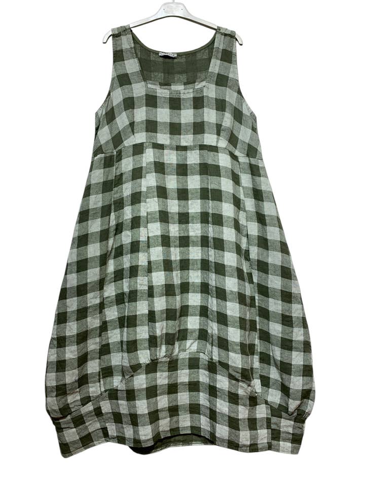 LINEN & COTTON HOUSE - Wholesale Dress β Women's - LINEN DRESS WITH POCKETS, GINGHAM CHECK PATTERN 3225