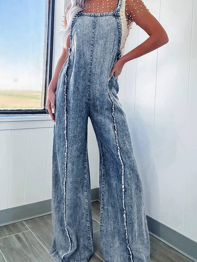 Light Blue Washed Raw Hem One Piece Wide Leg Jumpsuit Overall YYNZ020 for wholesale on Faire
