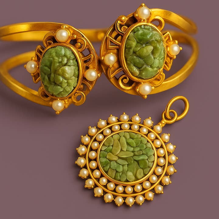 Vintage Serpentine & Faux Pearl Gold-Tone Jewelry Set for wholesale by Wilde Aesthetics