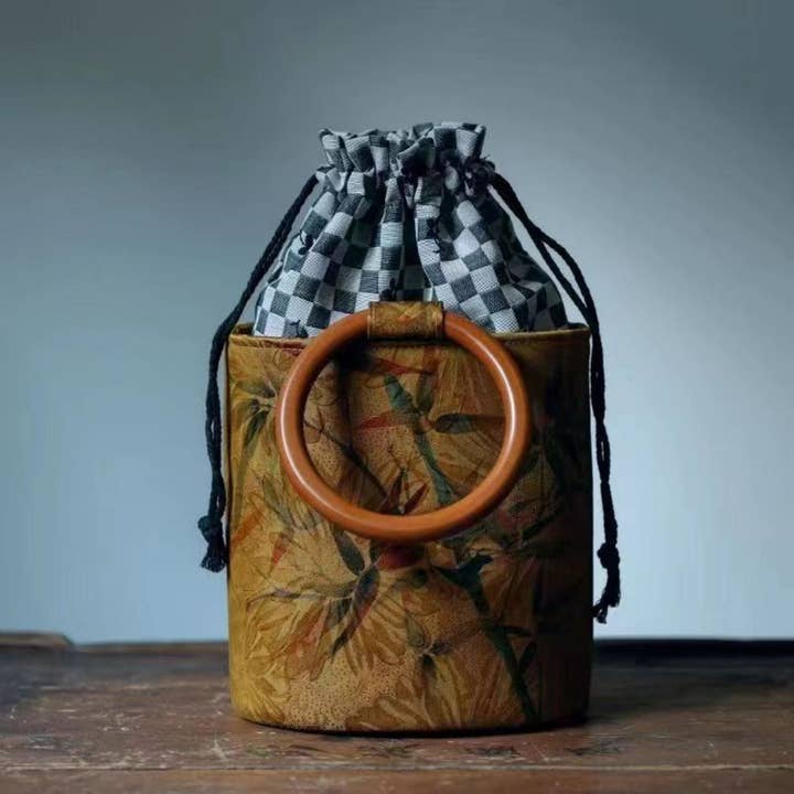 Handcrafted Vintage Bag - Wooden Handle Circle Bucket Bag with Silk Texture for wholesale by SueSilkHK