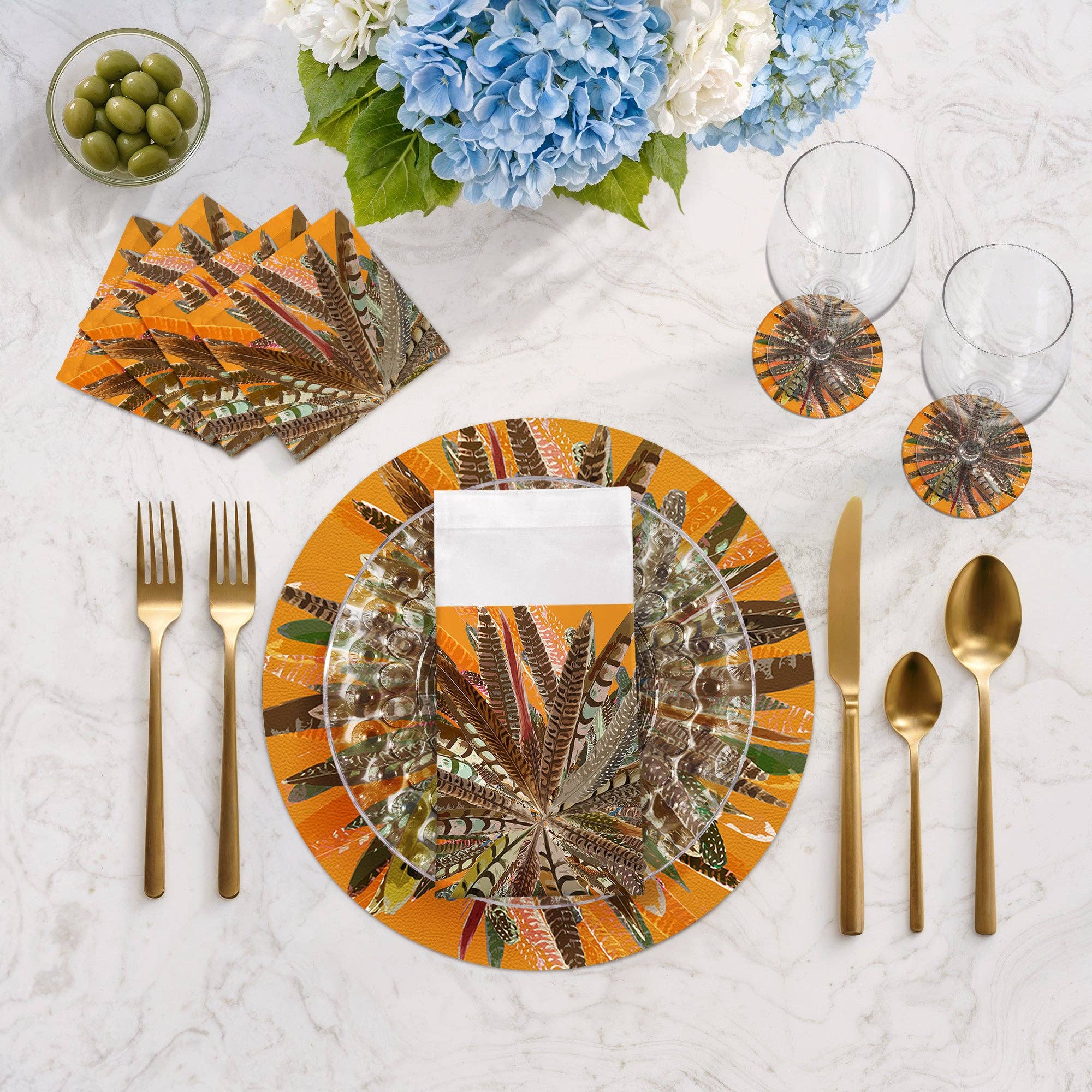 Nicolette Mayer Collection - Wholesale Placemat - Pheasant Feathers Butternut Vegan Leather Round Pebble Placemat4