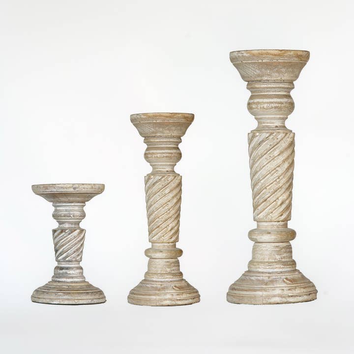 Antique White Mango Wood Set Of Three Pillar Candle Holder for wholesale by BBH Homes LLC
