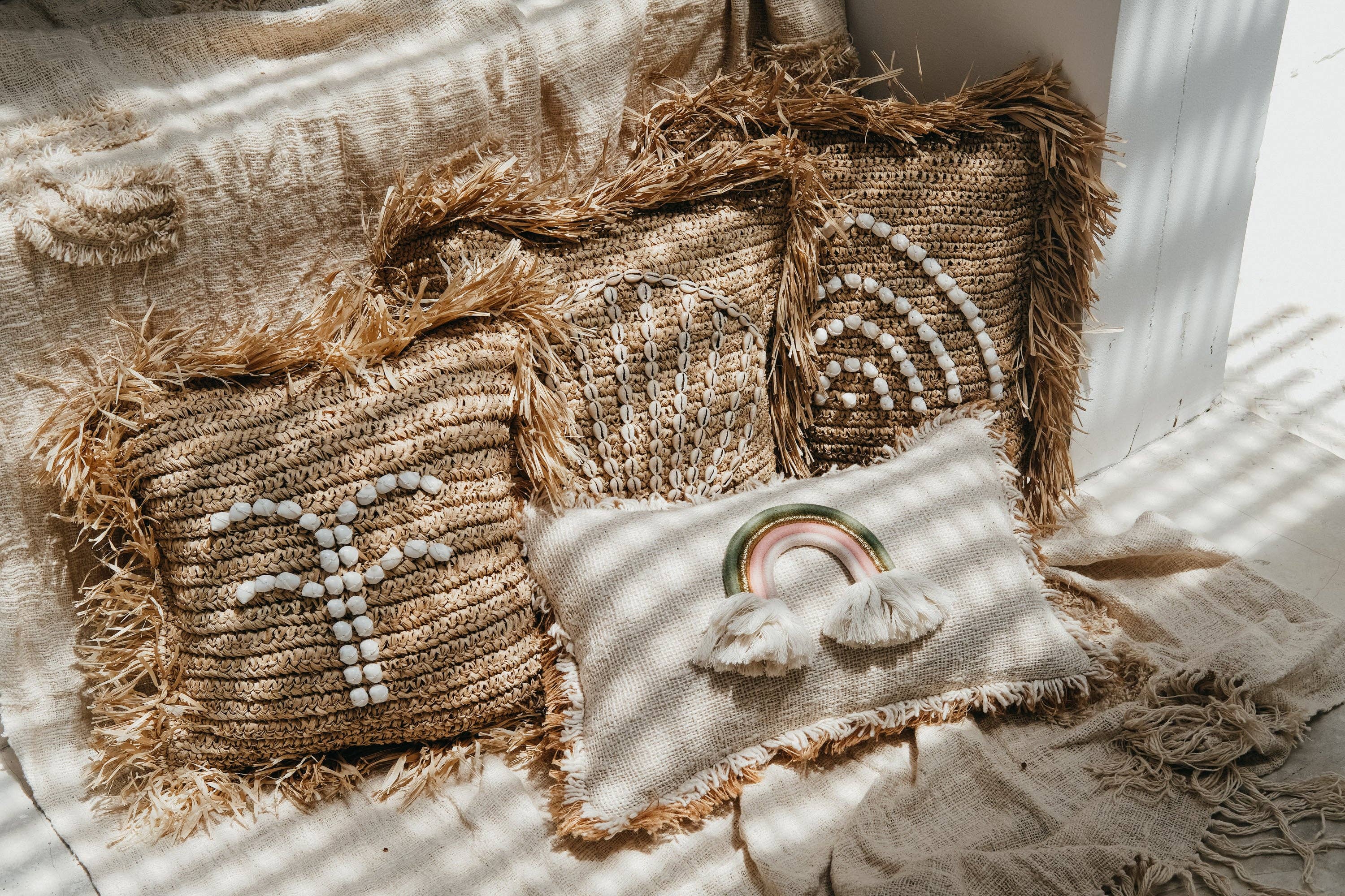 Pink Haley - Vendita all'ingrosso Fodera cuscino decorativo - Fodera per cuscino in rafia e conchiglie – Conchiglia, palma e arcobaleno5