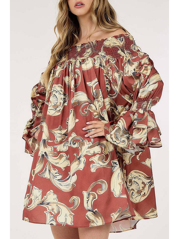 Brown MULTI PRINT BELL SLEEVE OFF SHOULDER DRESS for wholesale on Faire