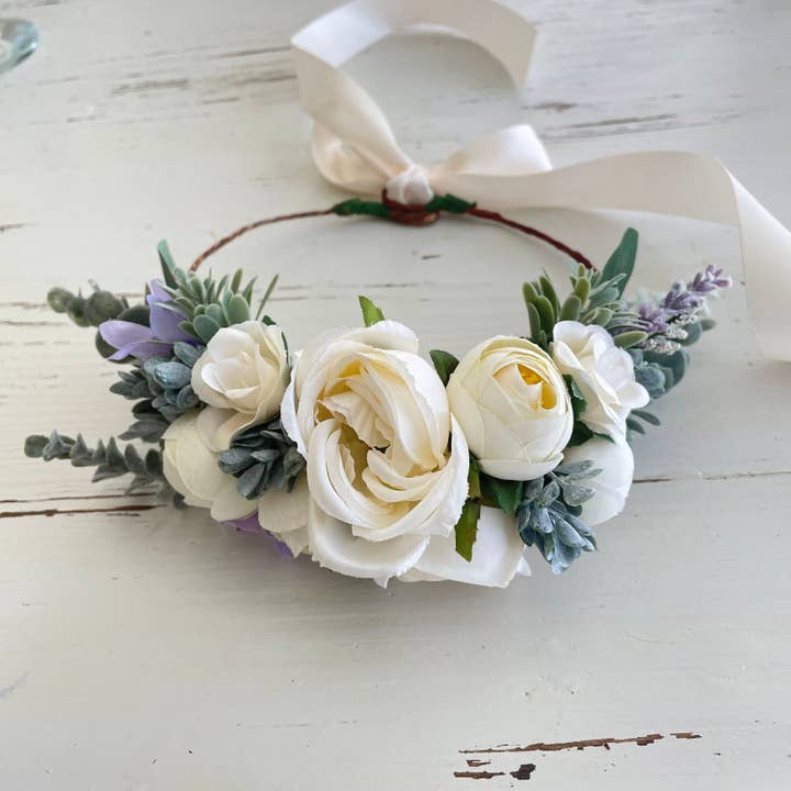 Dog Wedding Flower Crown: White Roses & Lavender for wholesale by Wolf and Wonder