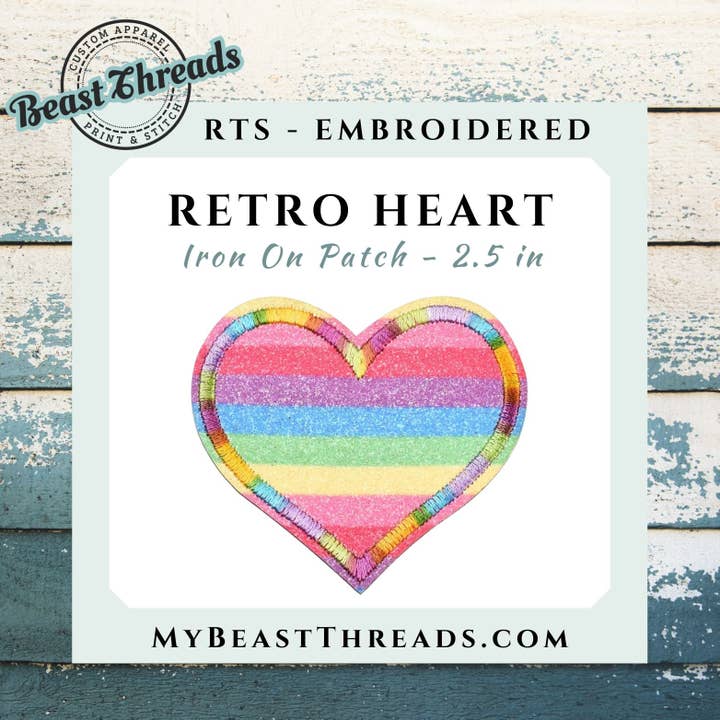 Retro Heart Embroidered Glitter Patch- RTS for wholesale by Beast Threads LLC