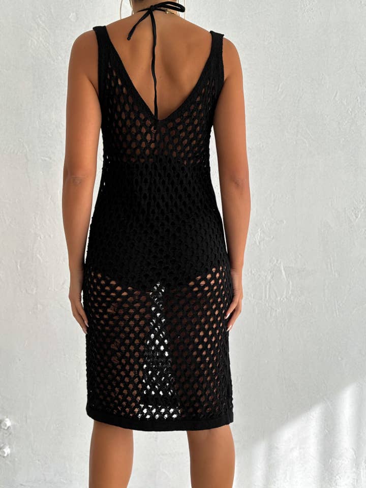 VAV NEW YORK – Engroshandel Kjole - Dame – Kvinders midi kjole i hæklet bomuld med V-hals og åben strik1