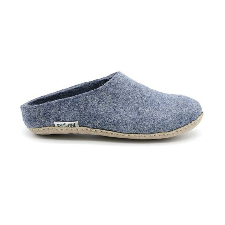 Denim Blue Wool Slipper With Leather Sole for wholesale by Woollyfelt