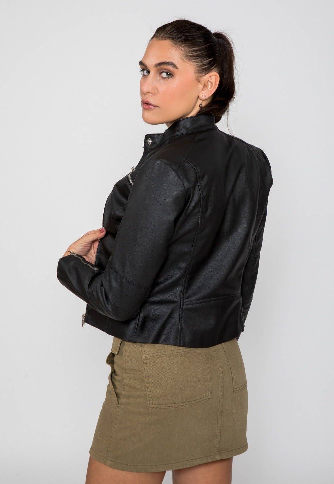 Black Women's Genesis PU Faux Leather Jacket for wholesale on Faire4