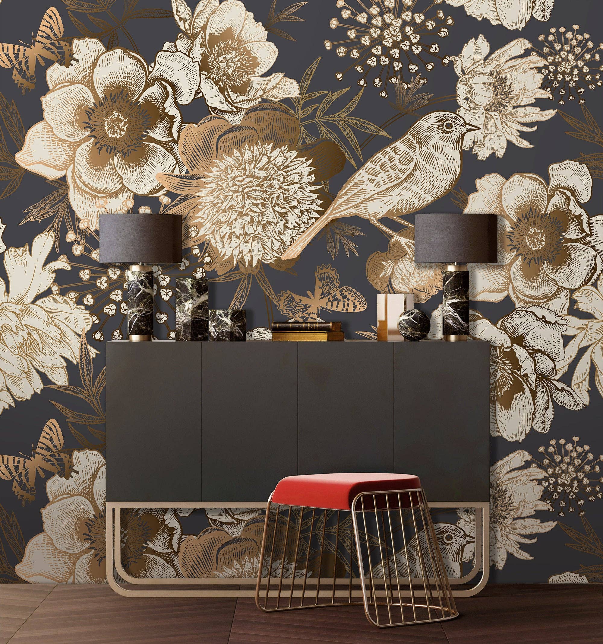 GK Home Decor - Wholesale Wallpaper - Gold Peony Flowers with Bird and Butterfly Wallpaper2