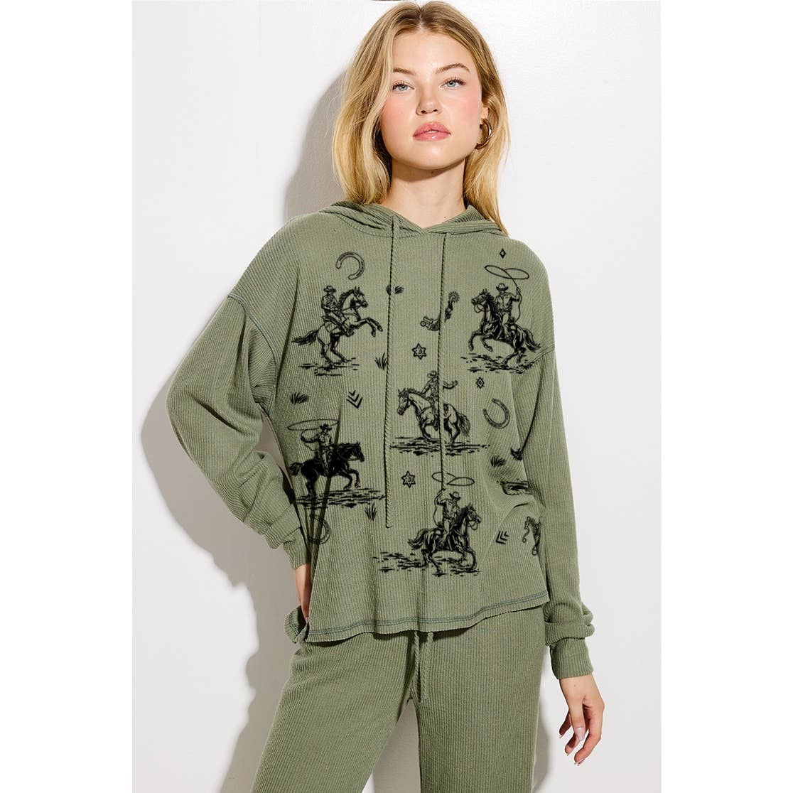 Phil Love - Venta al por mayor Conjunto de ropa cómoda - Mujer - Conjunto de ropa de salón con capucha y estampado de canalé Desert Cowgirl 21