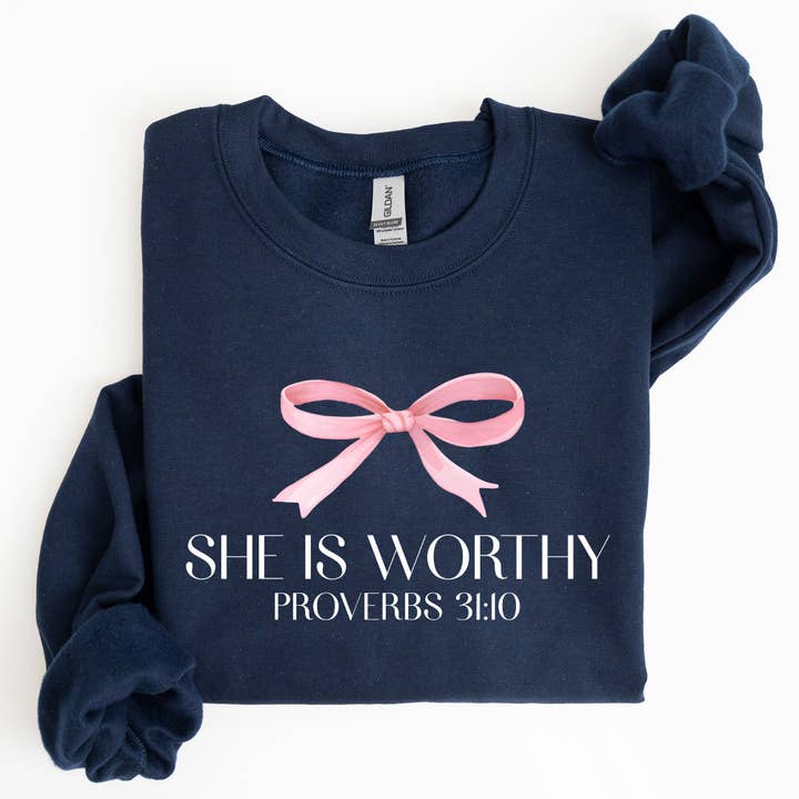 She Is Worthy, Christmas, Bow Pink, Soft Girl Era Sweatshirt for wholesale by Refinery Number One LLC