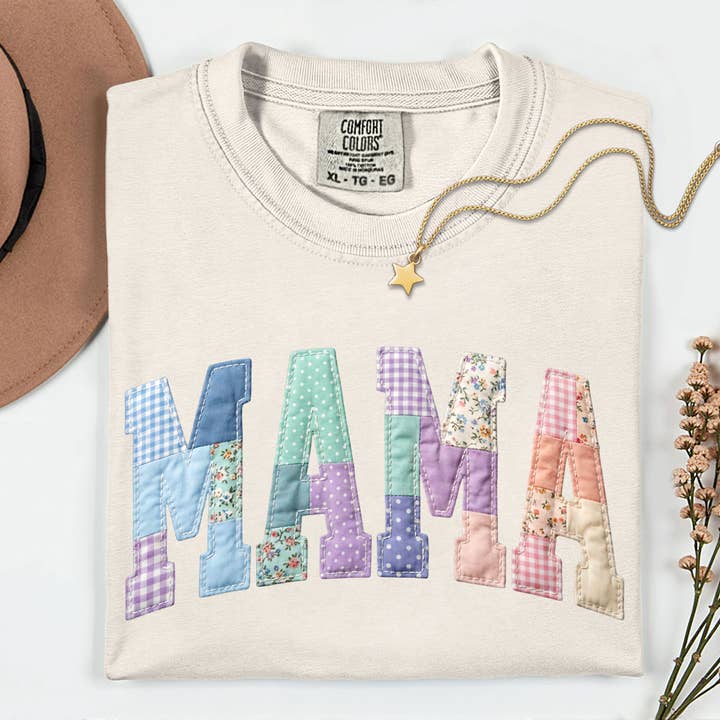 Faux Patchwork Mama Graphic Comfort Colors Shirt Mothers Day for wholesale by Southern Rheas