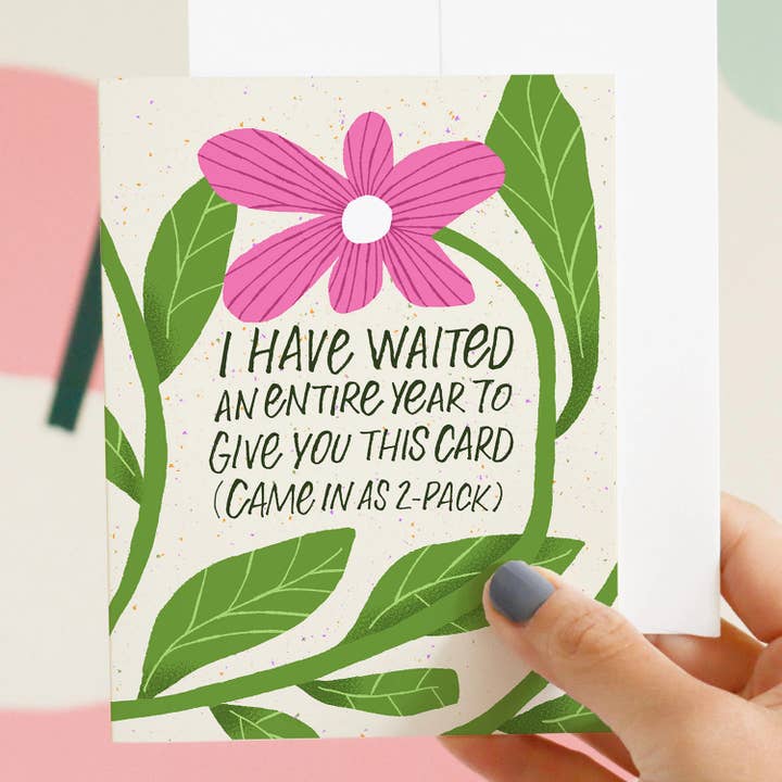 Funny Anniversary Greeting Card, “Waited an Entire Year”, A2 for wholesale by Esther Nariyoshi Illustrations