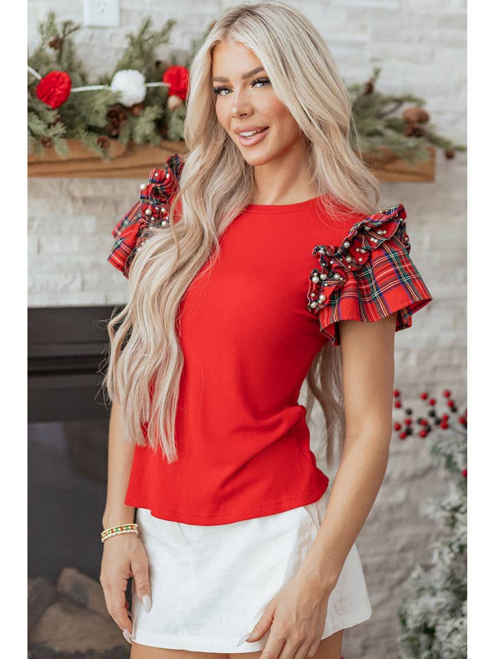 PRETTY BASH – wholesale T-shirt (utan tryck) – Dam – Rutig lappverk pärla t-shirt med volangärmar3