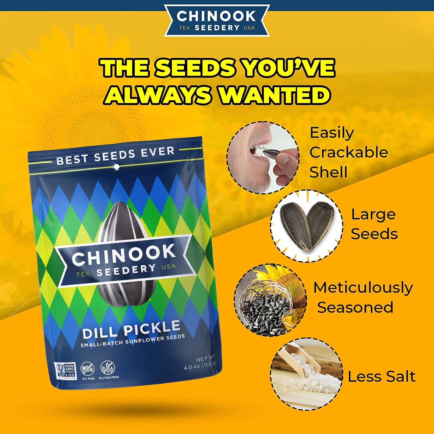 Chinook Seedery - Wholesale Seeds/Kernels - Dill Pickle Sunflower Seeds | 1.5 oz Packs | Vegan Snacks4