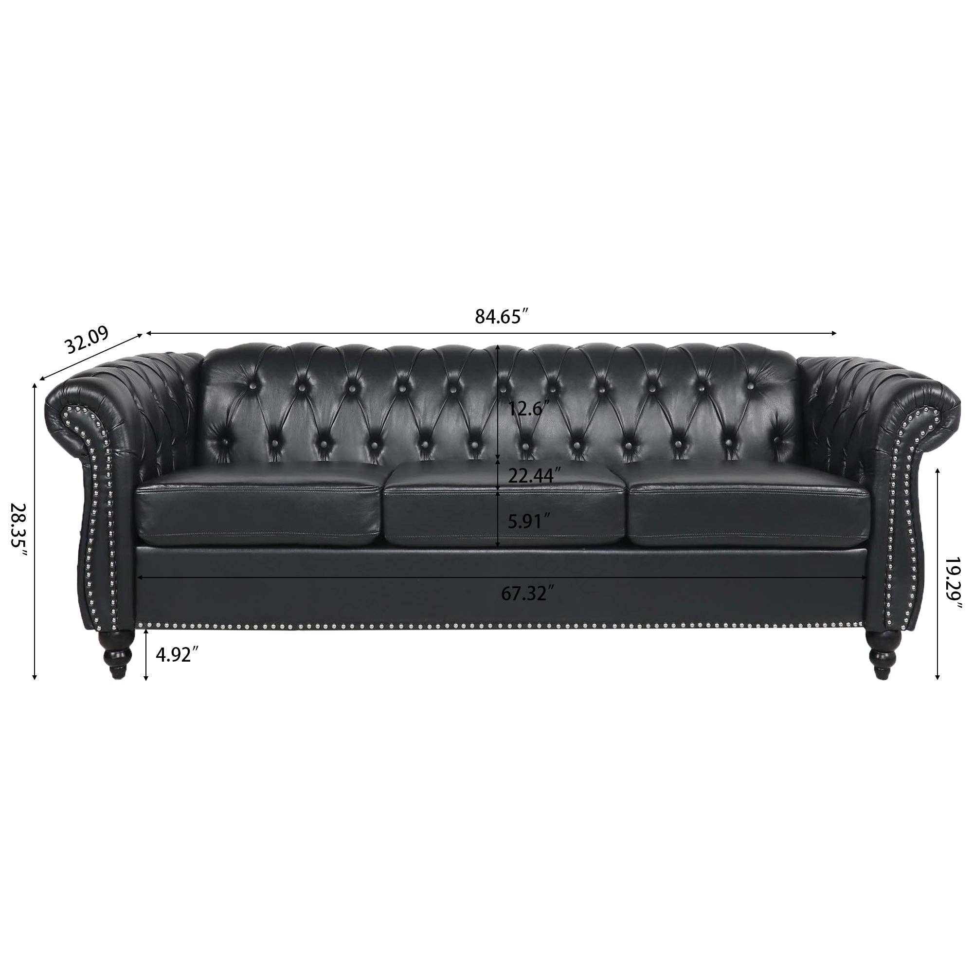 39F Inc. - Wholesale Chair - 84.65''BLACK PU Rolled Arm Chesterfield 3 Seater Sofa,6Color8
