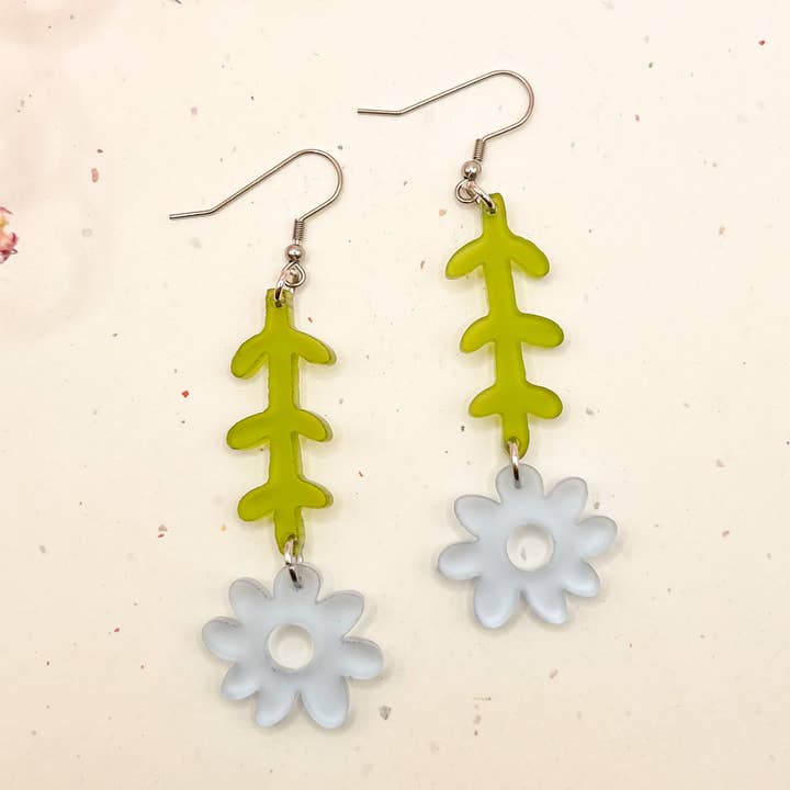 (Green/Blue) Daisy Wild Flower Charm Acrylic Earrings for wholesale by Hoity Toity Goods